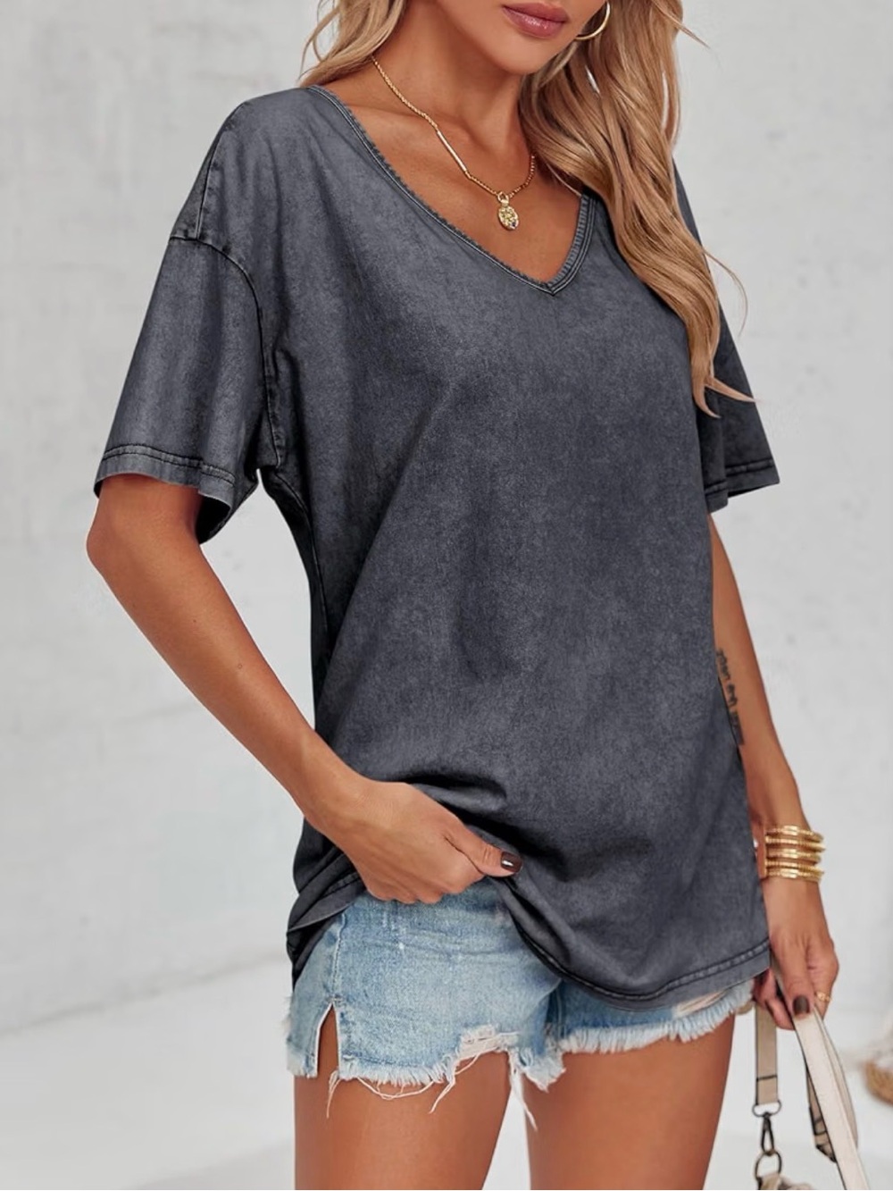 Washed Charcoal V-Neck Oversized Women's Top - Picture 7 of 8